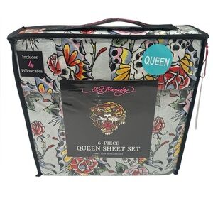 Ed Hardy Queen Size Sheet Set 6-Piece Sky Blue Green Skull Butterfly Print NWT